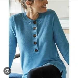 Pure Jill Front Button Up Crew Neck Sweater Heathered Blue Sz Small